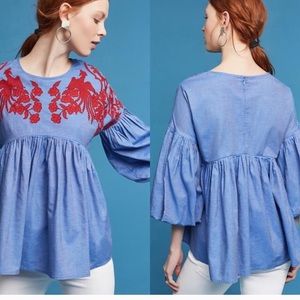 Hemanta&Nandita Jean blouse with red embroidery